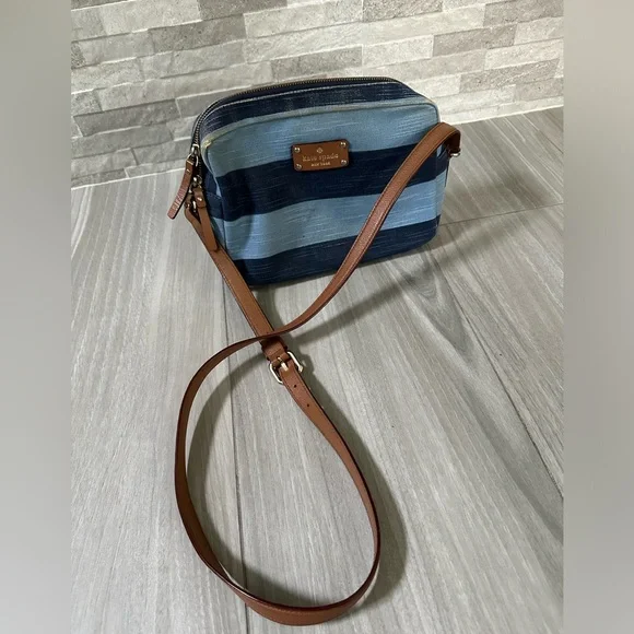 Kate Spade Denim Stripe Crossbody Camera Bag- leather Strap- Blue Brown Gold - Picture 8 of 11